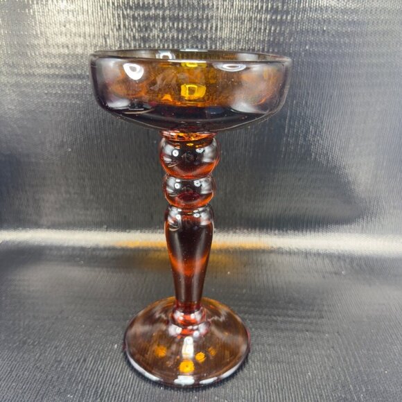 Vintage Mid Century Amber Glass Candle Holders Votive Pillar Heavy Glass Set 2 - Picture 8 of 14